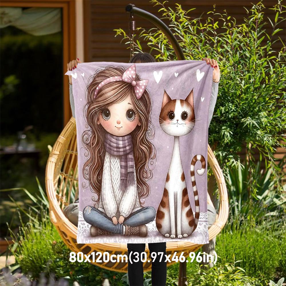 

1pc girl cat Outdoor Flannel Blanket Soft Warm All-Season Throw for Sofa Bed Car Camping Office, Cozy Gift Idea1280S 80x120cm(31x47inch)