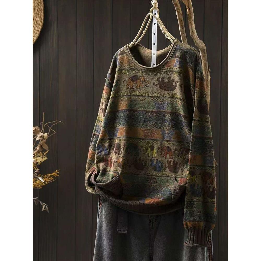 

Женский осенний свитер с принтом слона, двойными карманами, контрастный свитер, повседневный свободный свитер в винтажном стиле с круглым вырезом One Size