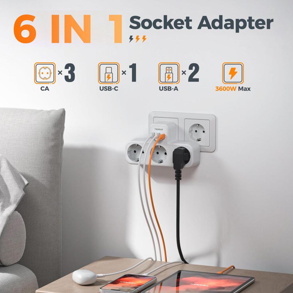 Tessan Keli sieniniai lizdai su 2 USB C 1 USB A prievadais, 6 viename USB adapteriu su apsauga nuo perkrovos išmaniajam telefonui, planšetiniam kompiuteriui
