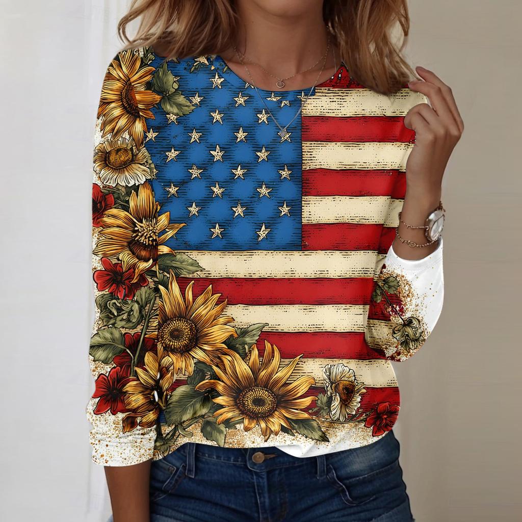 Damen Casual Langarm Rundhals Oberteil Unabhängigkeitstag Blumenprint Leichter Pullover für den Alltag