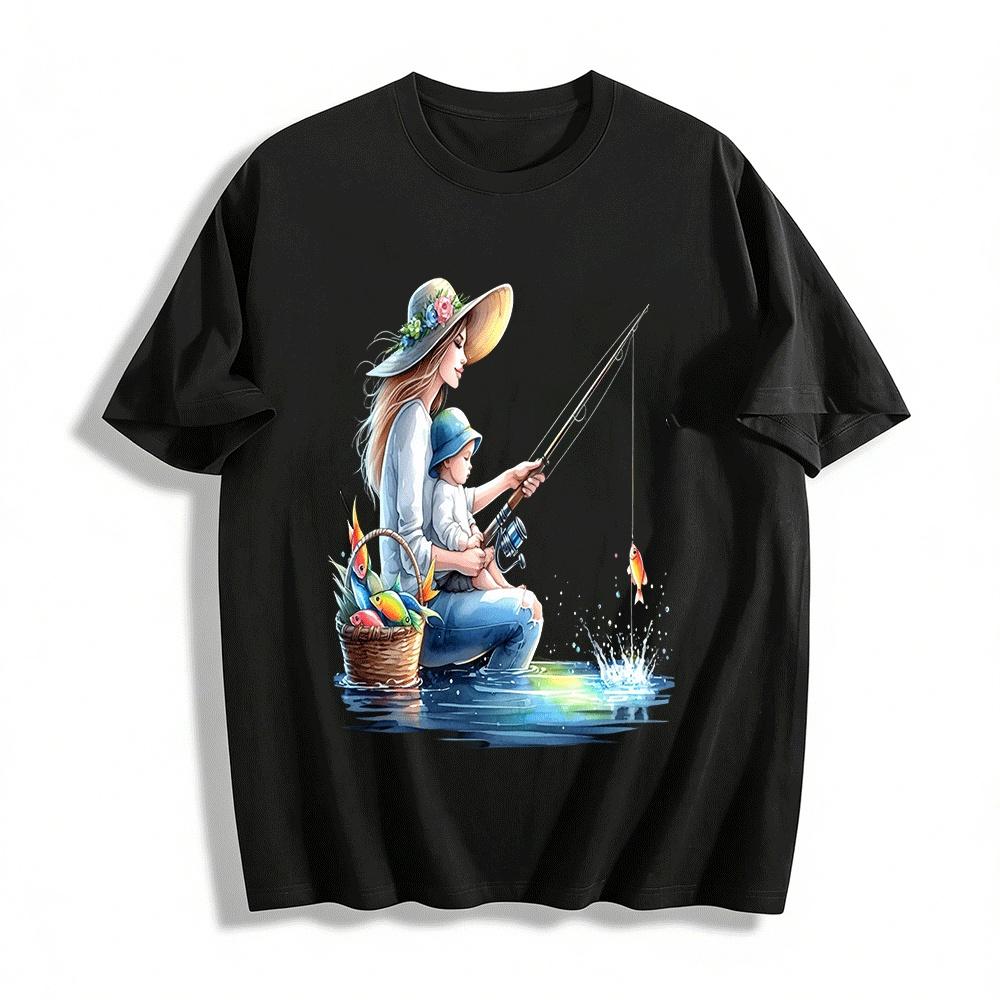 Warm Parent-child Fishing Time Printed Casual T-shirt Pure cotton T-shirt XXS