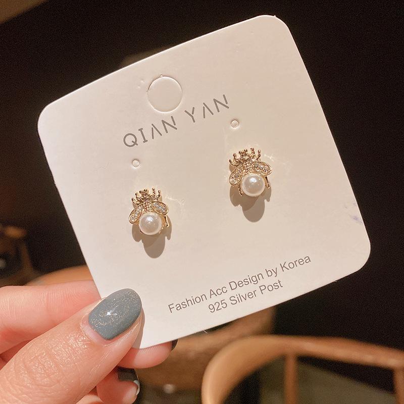 Korean 925 Sterling Silver Bee Pearl Stud Earrings