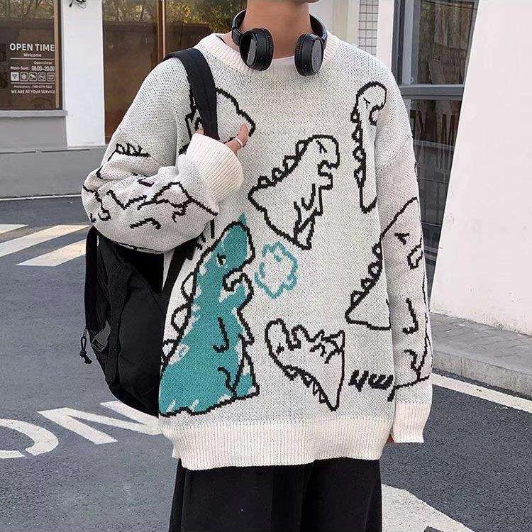 O-Neck Long Sleeve Women's Oversize Sweater Solid Dinosaur Printed Y2k Knitted Sweater Loose Casual Oversized Knitted Pullover