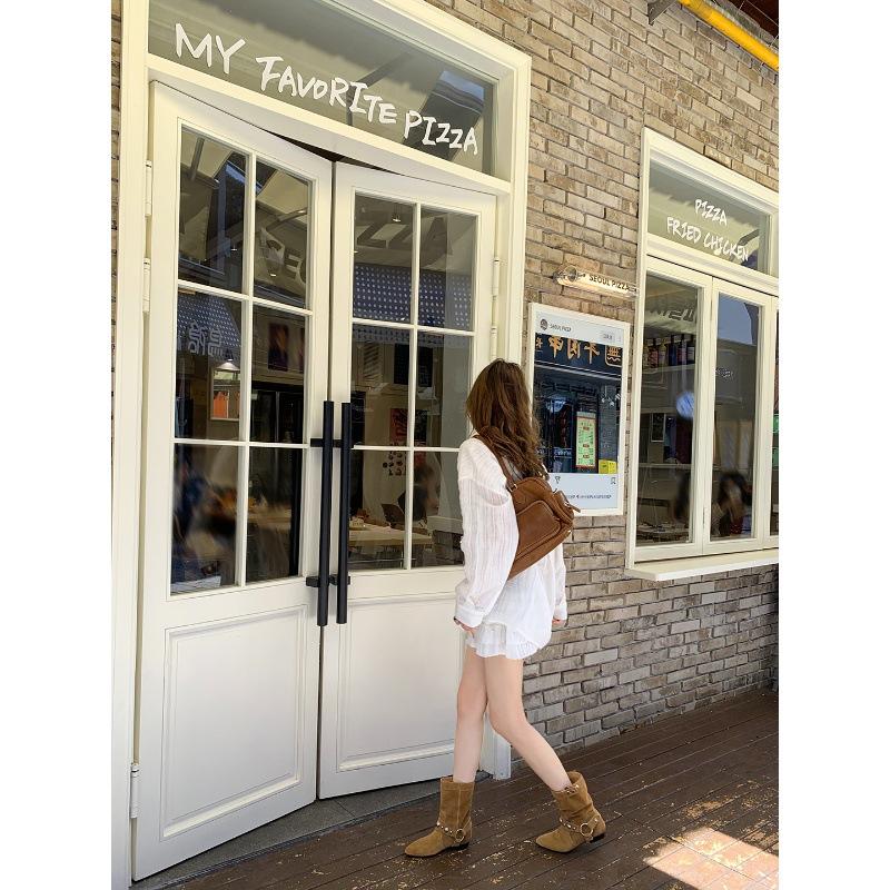 Cowhide Version~ The Same Rivet Outdoor Thick Heel Western Cowboy Boots Women'S Short Boots Retro Stacked Martin Boots