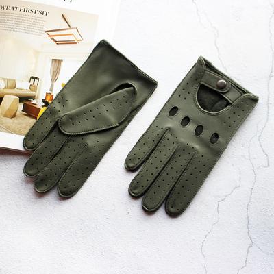 Summer Driving Men's Leather Gloves Single-Layer Unlined Thin Fashion Hollow Motorcycle Riding Gloves Military Green