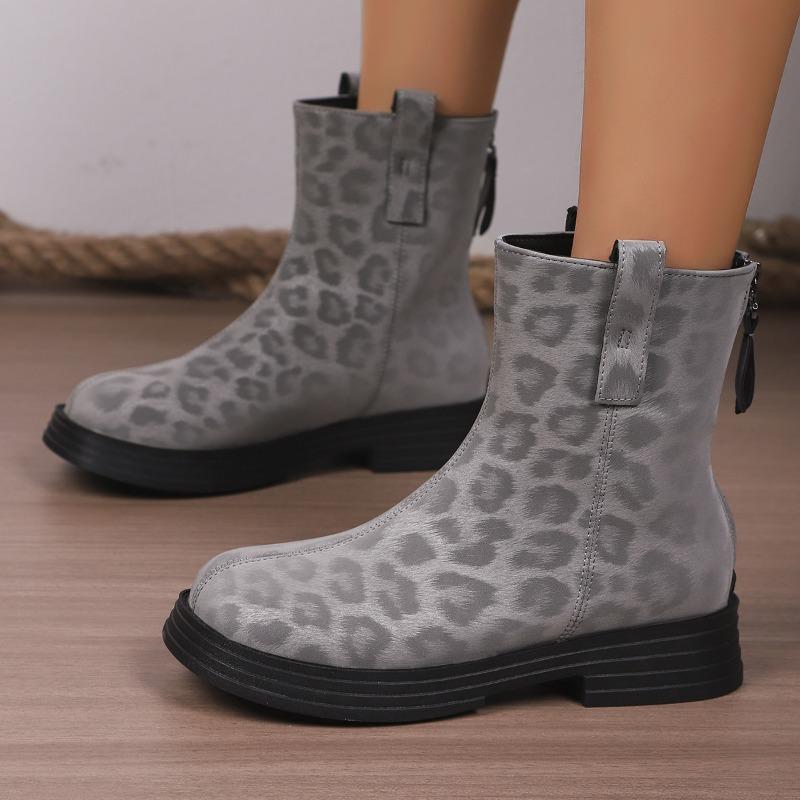 European and American foreign trade large size short leather cowboy boots women's cross-border leopard print rear zipper thin knight Martin boots