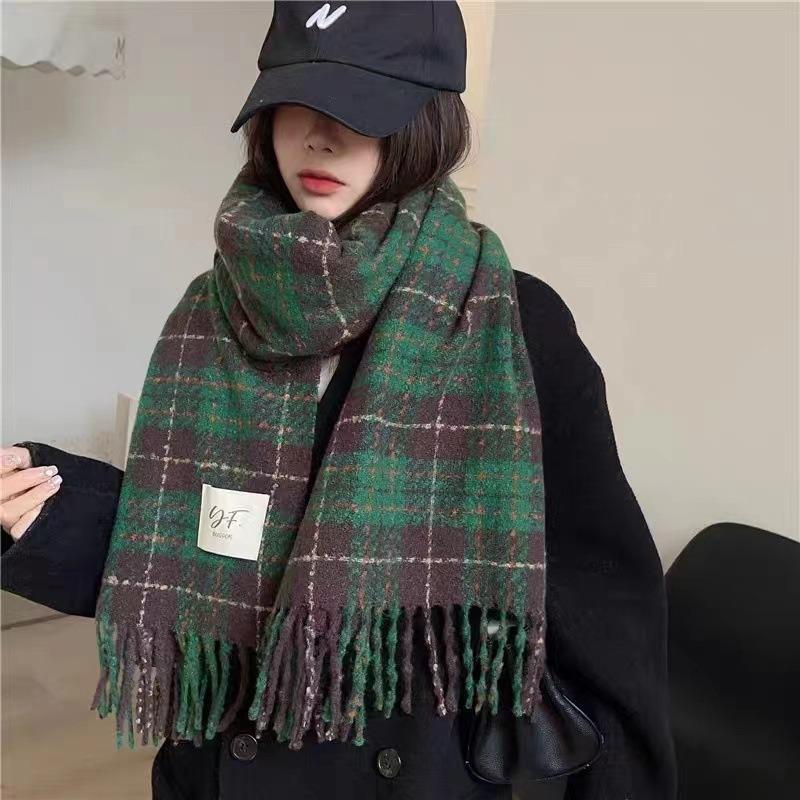 Christmas plaid scarf women's new winter versatile imitation cashmere shawl thickened warm couple fringed scarf