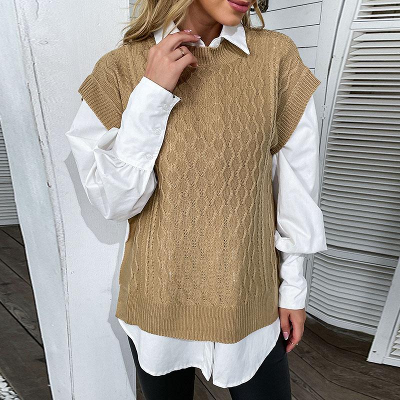 YYFS Moda Feminina Casual Cor Sólida Estampado Outono Inverno Sem Mangas Gola O Tricotado Coletes