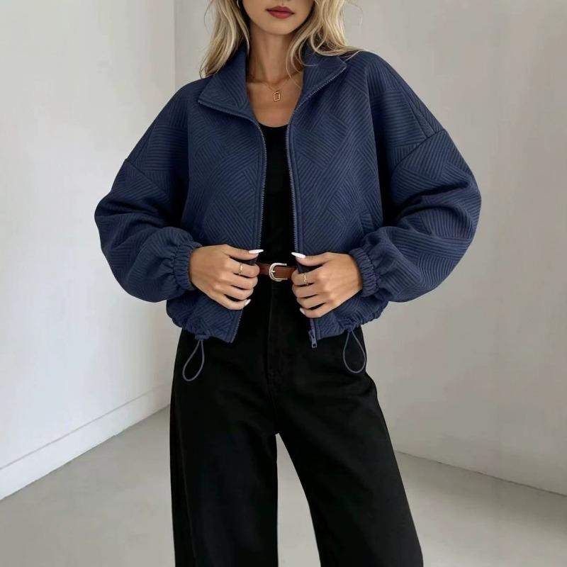 Women S Loose Baseball Jacket With Zipper Pocket Drawstring Hem
