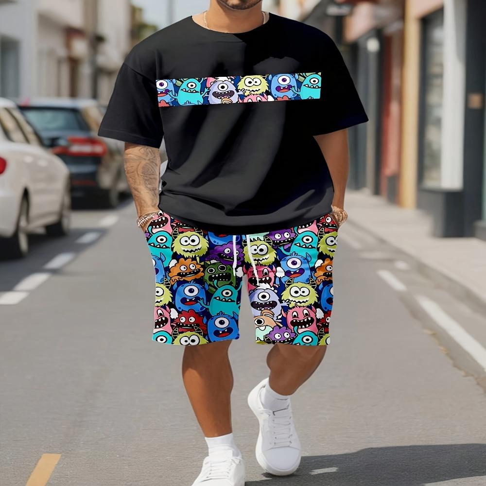 Summer Quirky Pattern Print Men's Sports and Leisure Short Sleeve Shorts 2pcs Suit Daily Wear