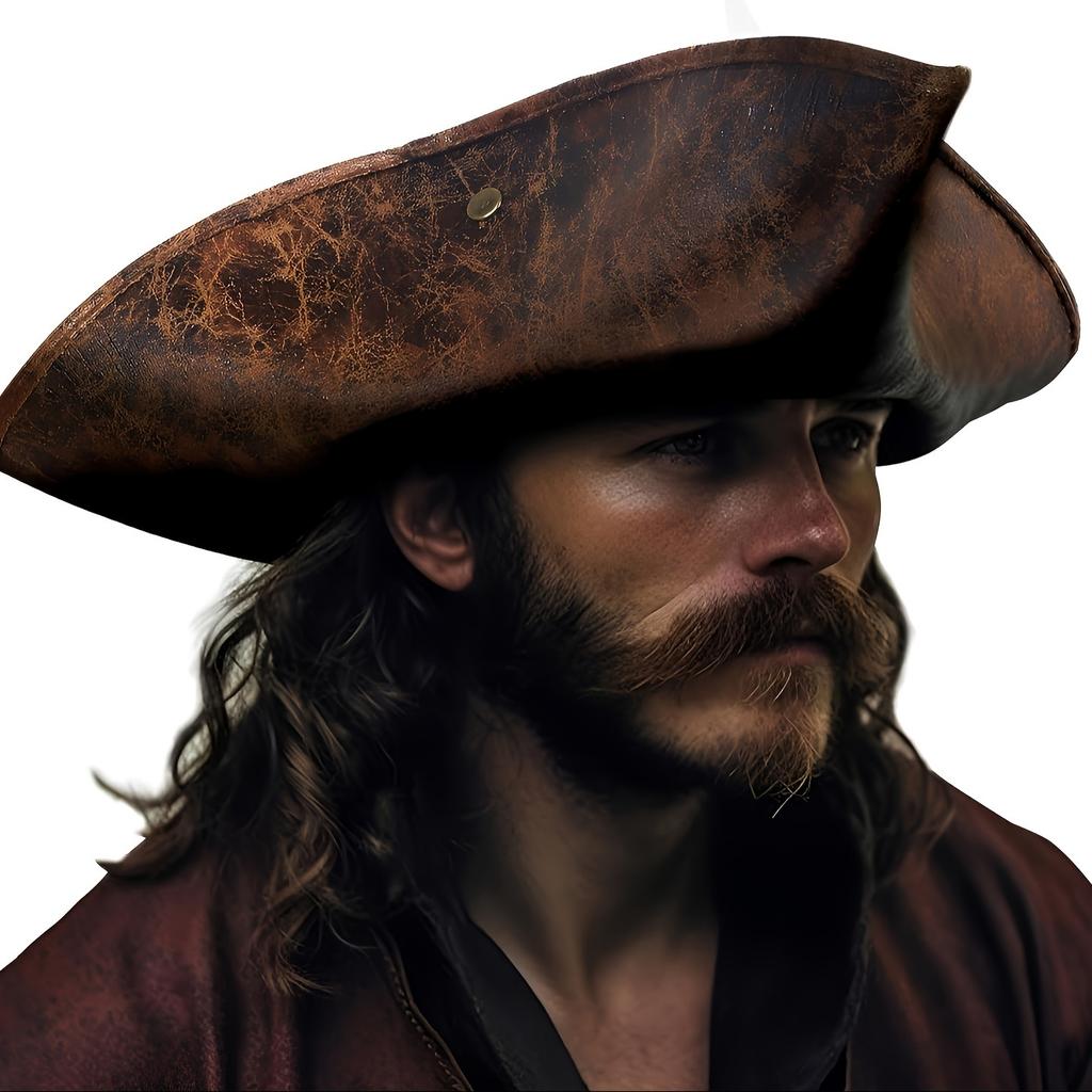 1Pc Pirate Tricorne Hat Suitable For Cosplay And Theme Parties - Elegant Faux Leather Style Durable Costume Accessory Vintage Brown Distressed Effect