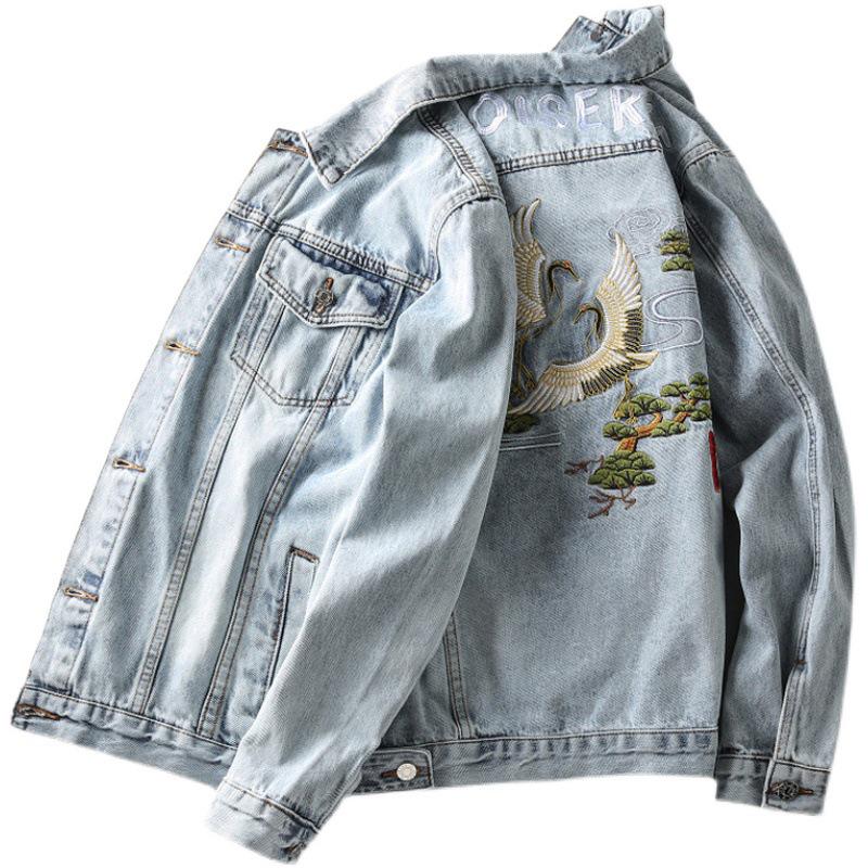 Męska kurtka dżinsowa slim z retro haftem - Moda wiosenno-jesienna