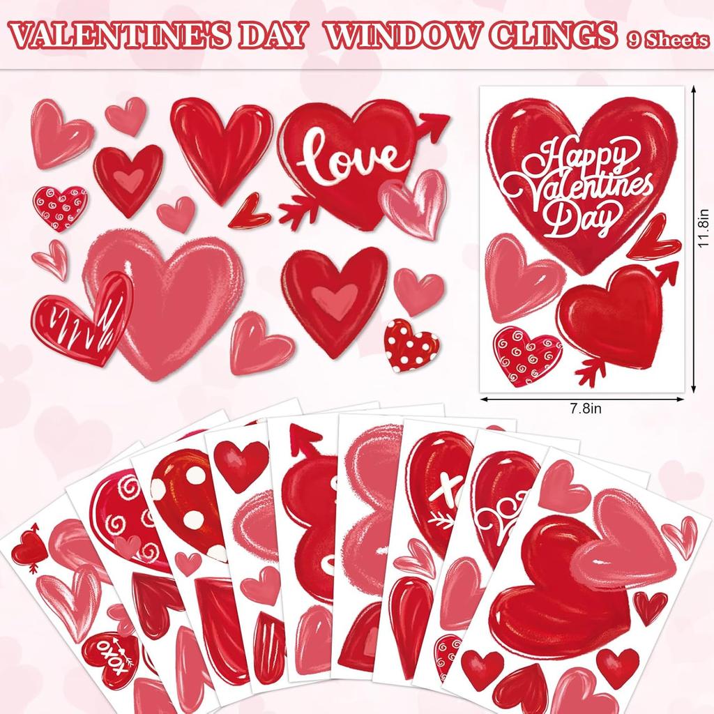 Whaline 9 Sheet Valentine's Day Heart Window Clings Red Pink Love Heart Reble Window Decals for Wedding Anniversary Home Office Classroom Window