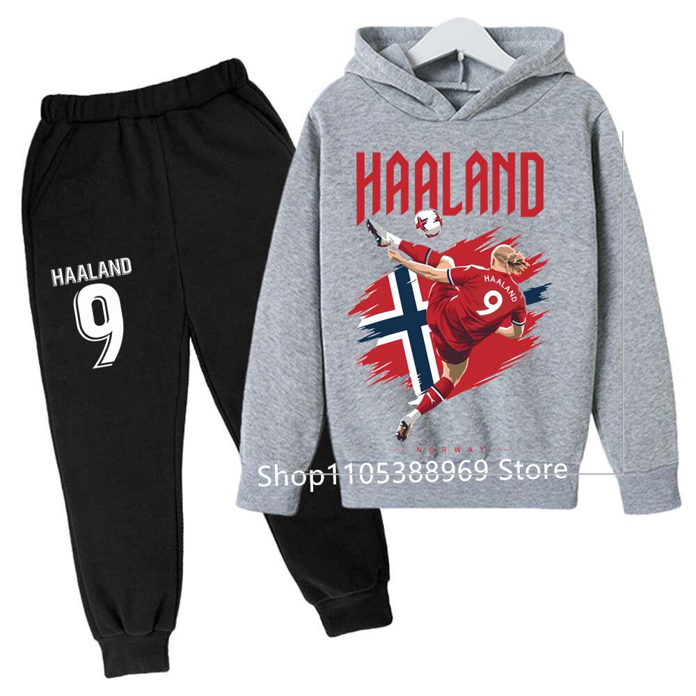 Boys Haaland Cartoon Football Tracksuit 2 Piece Hoodie and Jogger Pants Set Kids Graphic Print Sport Outfit