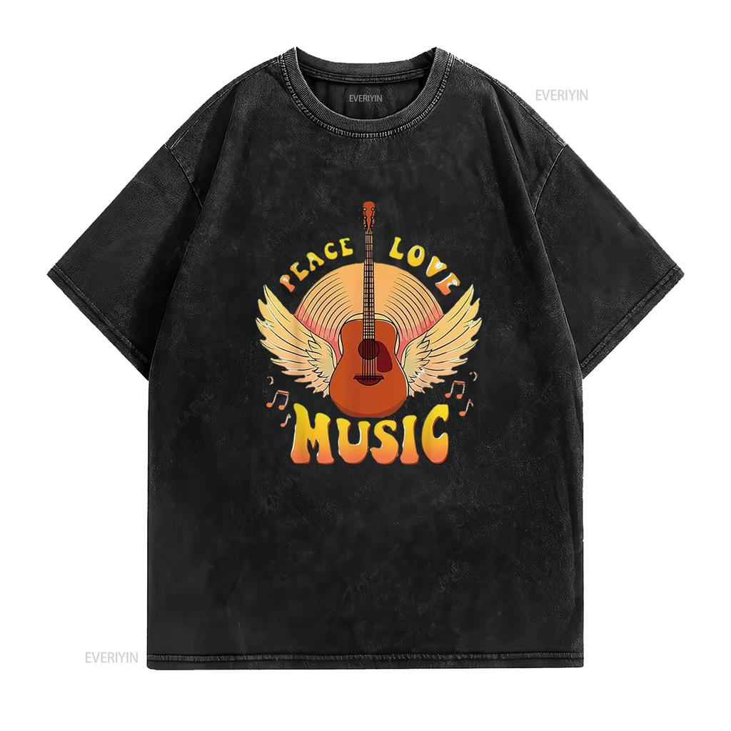 Cute Peace Love Music Hippie Hipster Festival Womens T Shirt White vintage Washed Casual streetwear Soft graphic Versatile