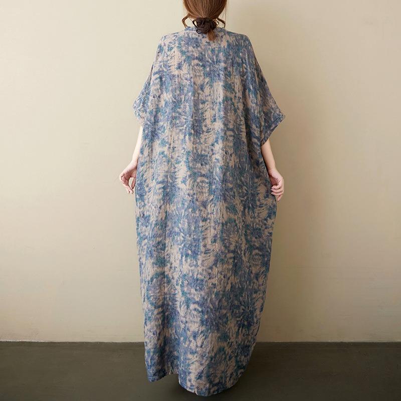 Summer New Cotton and Linen Literary and Retro V-neck Printed Shoulder Sleeves Large Size Casual Foreign Trade Dress Women