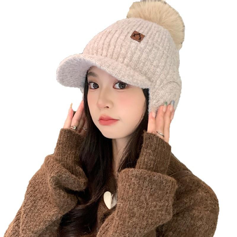 Versatile Leather Label Plus Velvet Thickened Wool Hat Outdoor Cold Protection Hat Korean Casual Face Showing Hat for Women