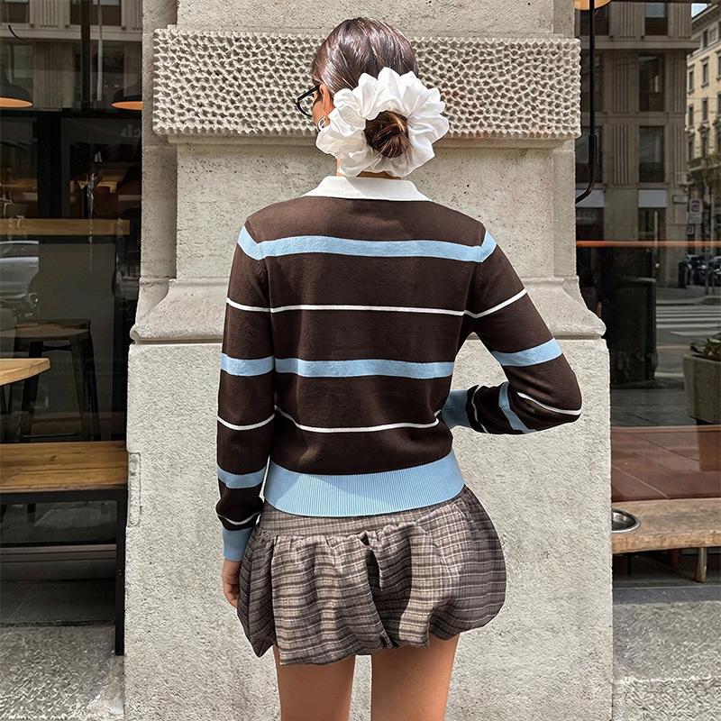 2026 A/W Retro Maillard Color Block Striped Polo Sweater