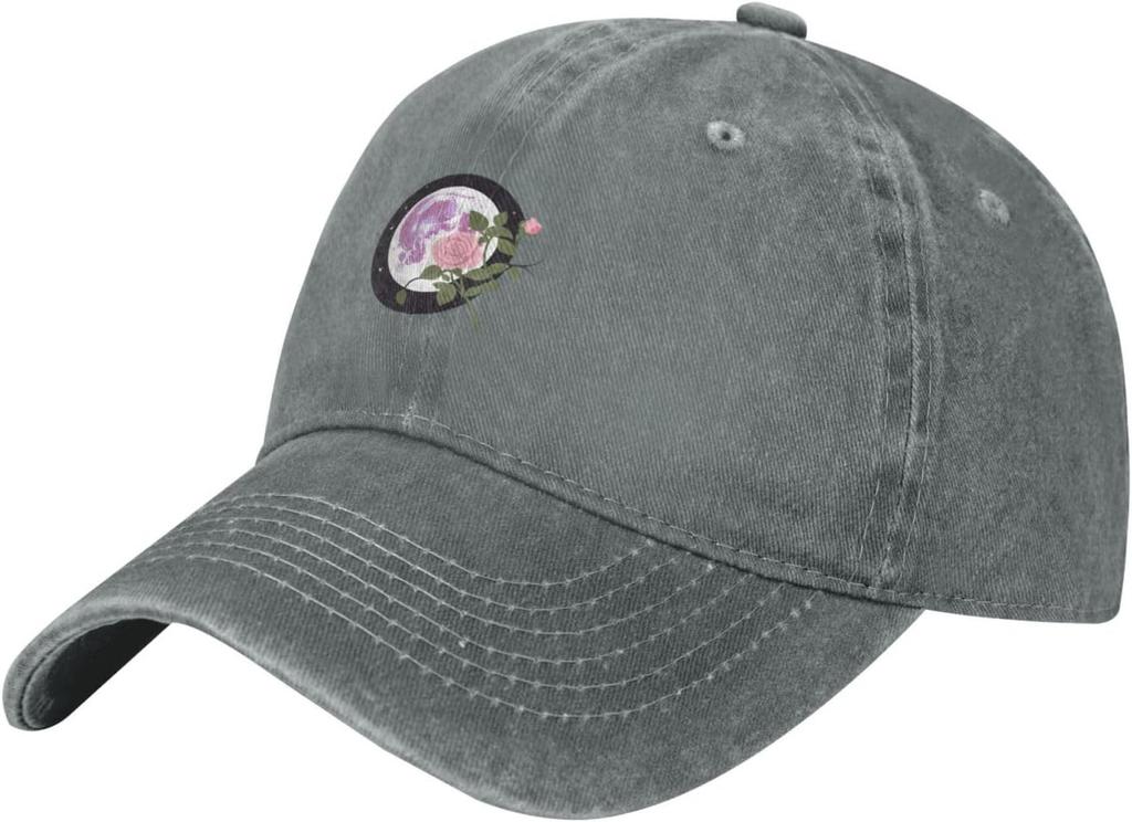 Romantic Rose Moon Print Washed Baseball Cap Adjustable Denim Sun Protection Casual Hat