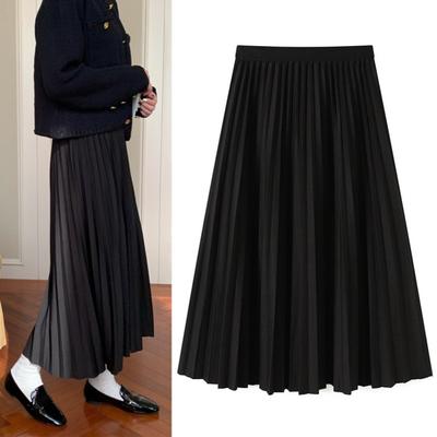 Women Maxi Skirt Elastic High Waist A-Line Long Skirt Solid Color Large Hem Pleated Skirt Work Leisure Skirt Workwear