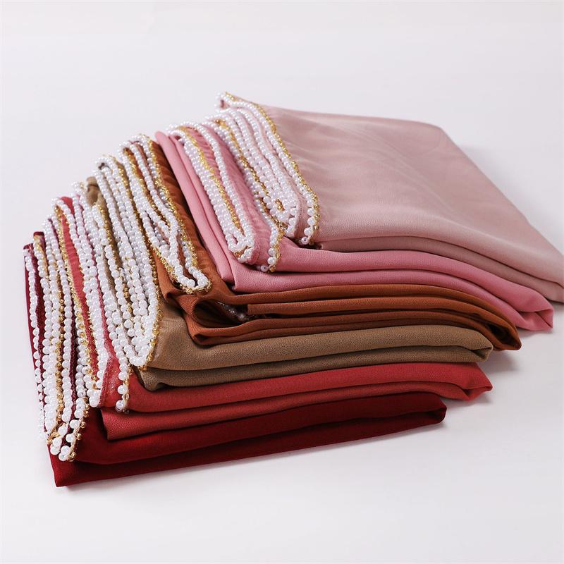 Luxury  Pearl Chain Bubble Chiffon Hijab Veil Ramadan Long Necklace Scarf Shawl Headscarf Bufandas Muslim Headband 175*70Cm