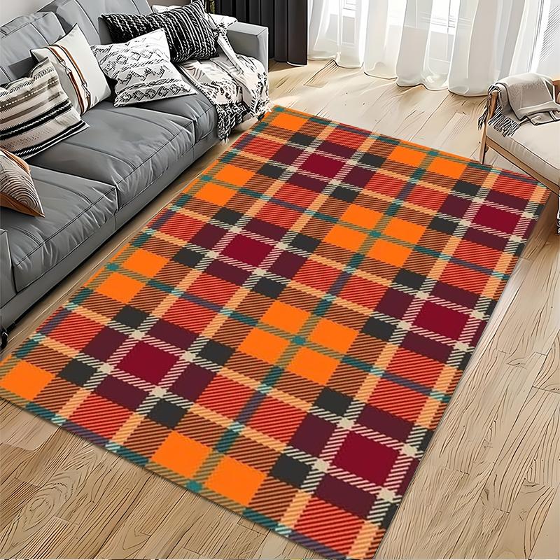 Plaid Pattern Carpet In Warm Orange and Red Tones, Modern Home Decor Suitable for Use As an Anti-slip for Living Room Bedroom Sofas