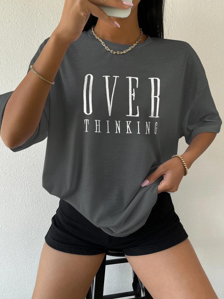Over Thinking Letter Print Women Cotton Short Sleeve Breathable Vintage ONeck Tops Allmath Casual TShirts Female Tee Clothing