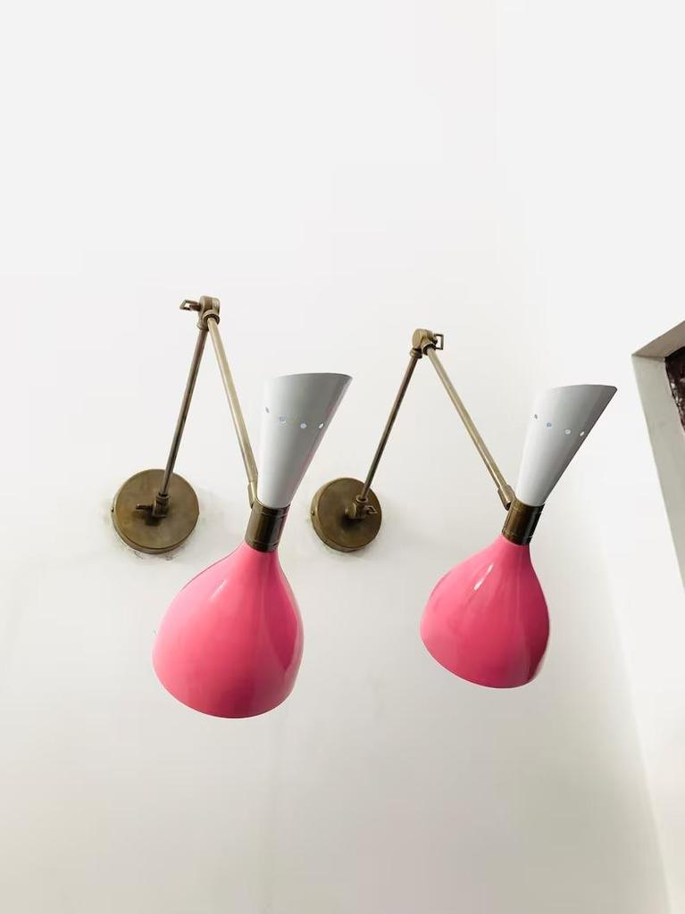 Mid Century Italian Brass Wall Sconce: Pink & White Diabolo Lamp