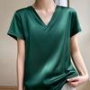 Women Summer Top V-neck Solid Color Soft Comfortable Short Sleeves Daily Wear Pullover OL Commute Satin Women T-shirt Female Clothes
