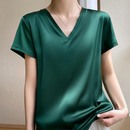 Women Summer Top V-neck Solid Color Soft Comfortable Short Sleeves Daily Wear Pullover OL Commute Satin Women T-shirt Female Clothes