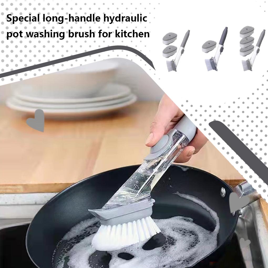 2-In-1 Plate Kitchen Cleaning Brush Removable Head Sponge Tools Dish Long Handle Scrubber Dispenser Pot Sink Household