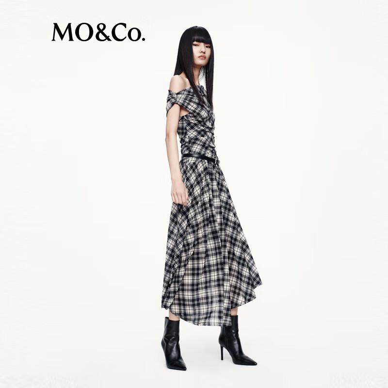 MO&Co. 2025 Autumn Plaid Asymmetric One-Shoulder Dress with Belt