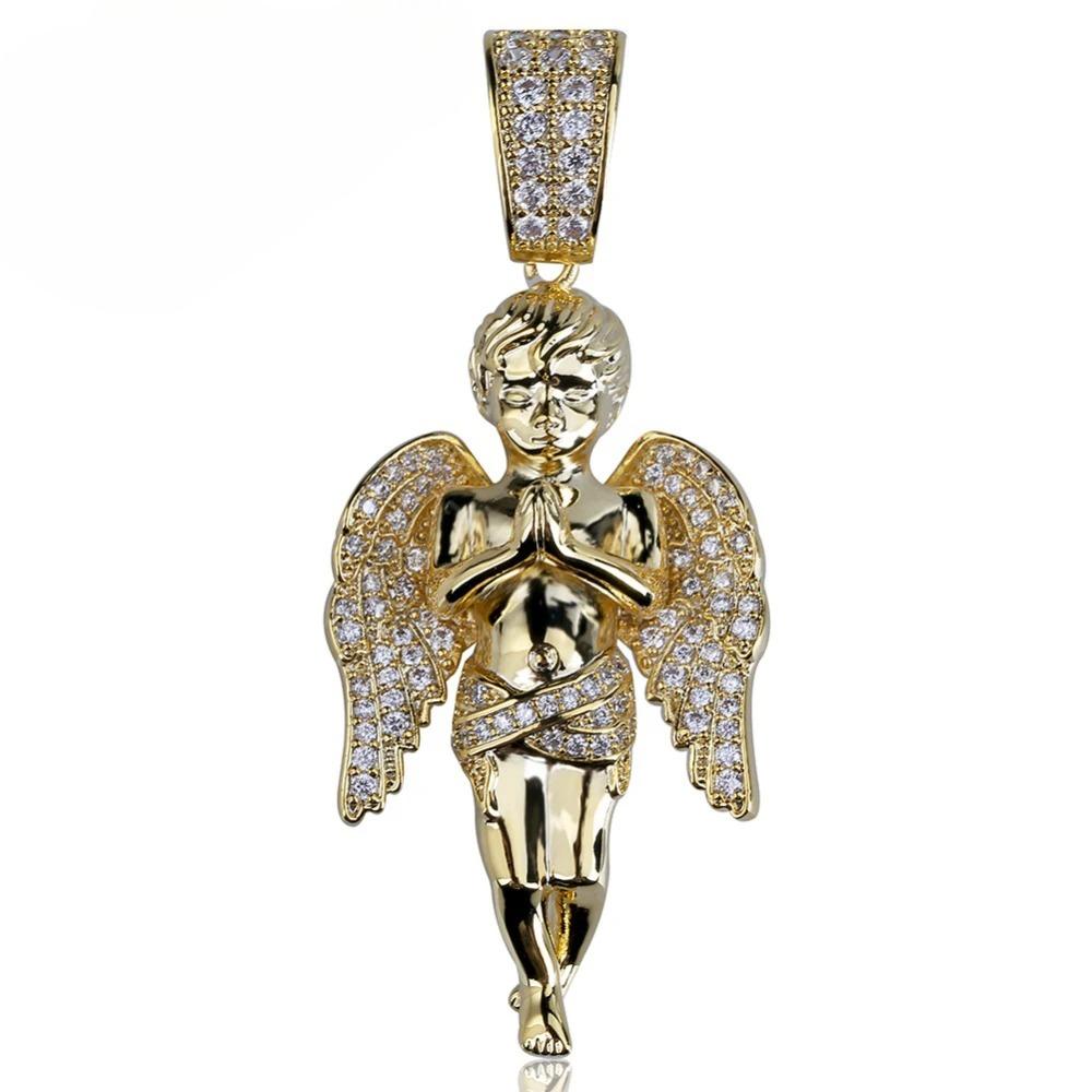 HipHop Herren Damen Halskette Vergoldet Iced Out Mikro-Pavé-Steine Engel Anhänger Halsketten Love'sblessing Geschenke