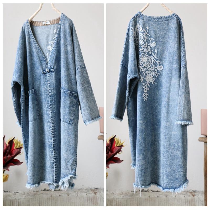 

Johnature Women Vintage Embroidery Floral Coats V-Neck Long Sleeve Patchwork Pockets Autumn Women Coats One Size світло-синій колір