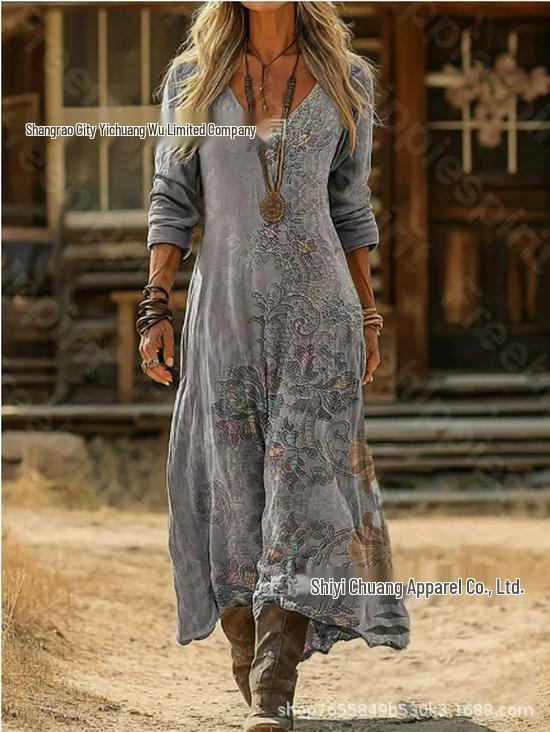 2026 Spring Retro V-neck Long-sleeved Plus Size Dress