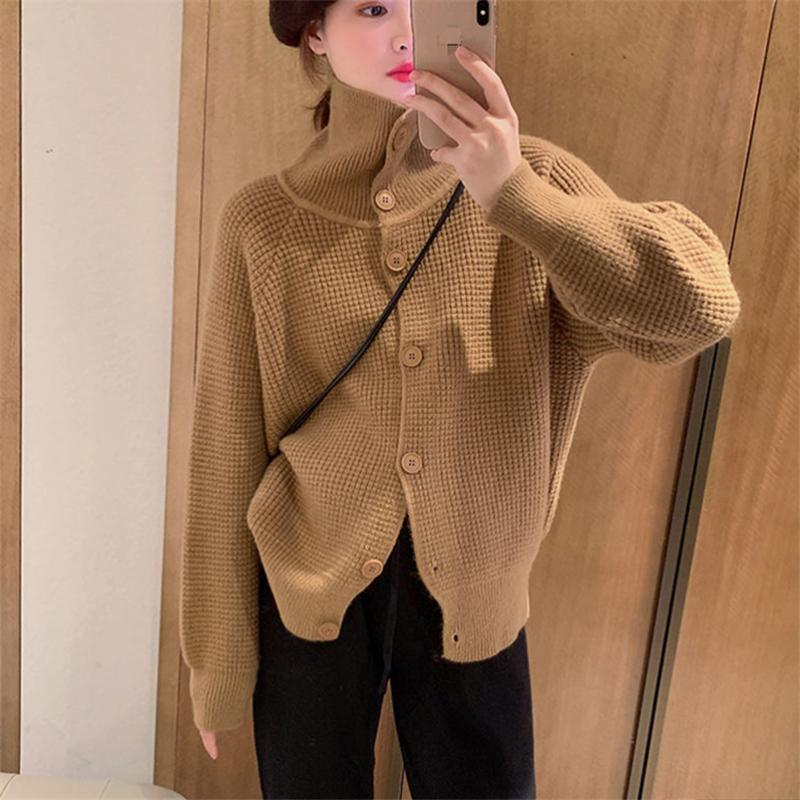 Cardigan Sweater Female Waffle Turtleneck Knitted Women Loose Casual Sweater Single-breasted Sweater Cardigan Coat