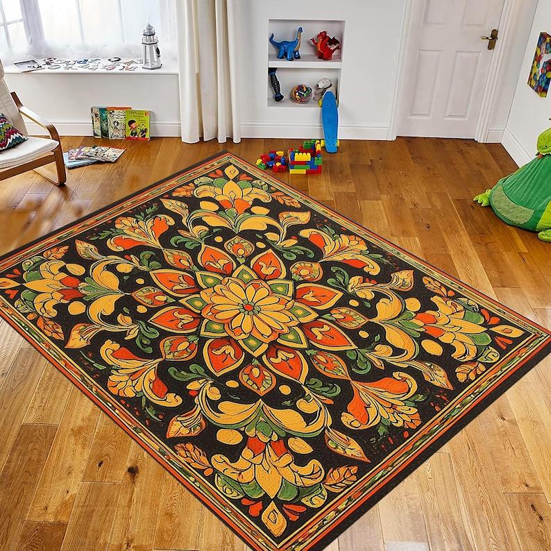 Orange Green Black Flower Rug Floral Pattern Carpet Multi-Color Area Rug for Living Room Bedroom Home Decorative Floor Mat