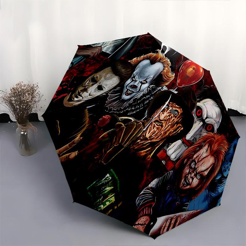 Horror Icons Themed Automatic Opening and Closing Umbrella, Brightly Colored 8-rib Portable Umbrella, Suitable for Men and Women, A Perfect