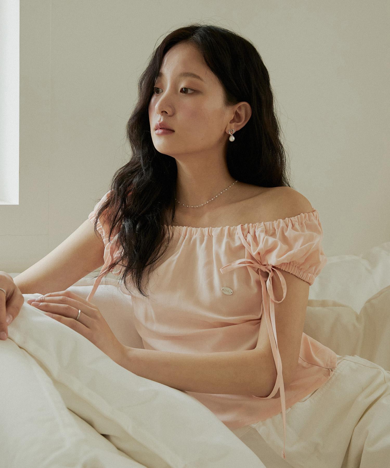 Adowl Shirring Cap Sleeve Ribbon Blouse - Pink Pink/M
