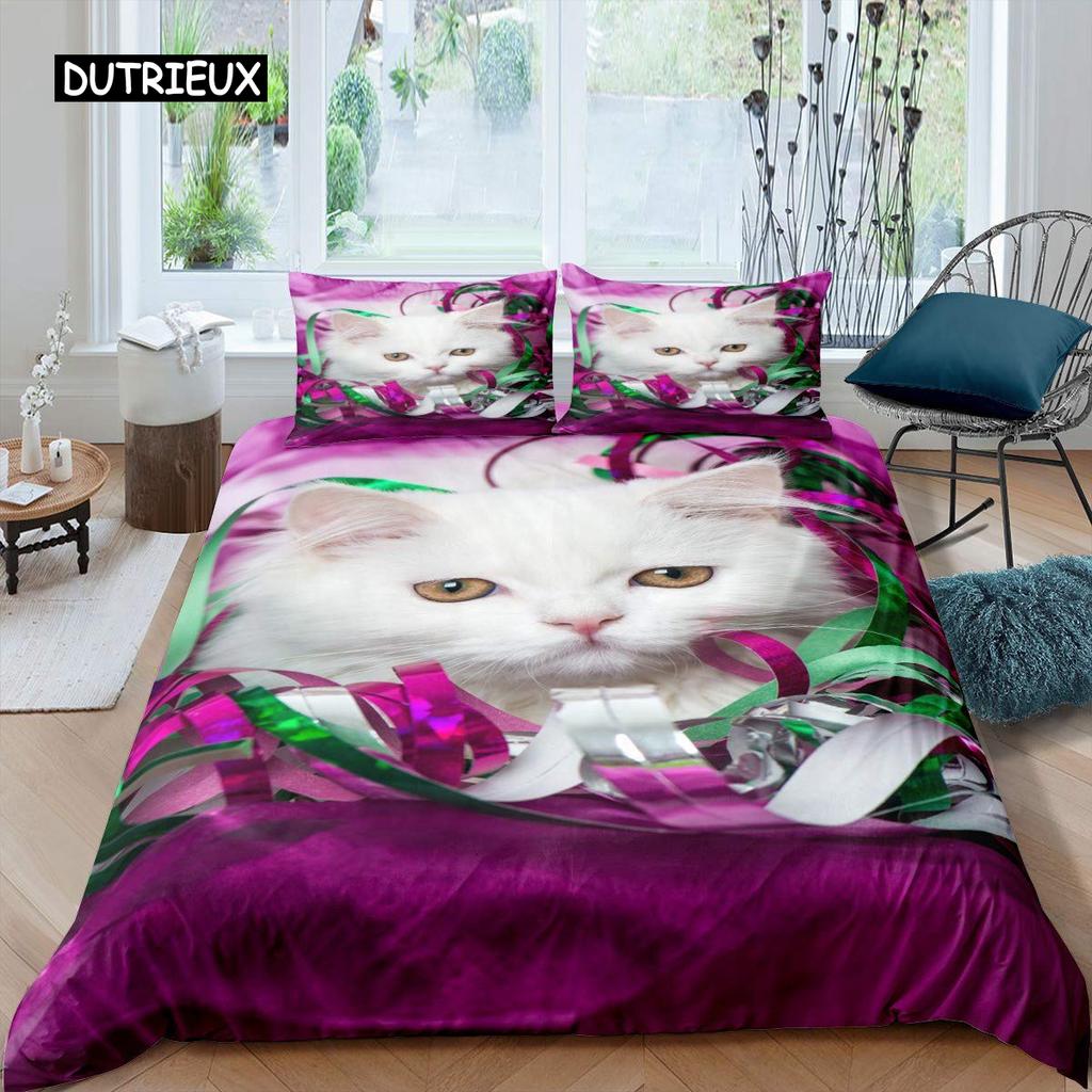 White Cat Flower King Queen Duvet Cover Kitten Bedding Set Pet Animal Polyester Quilt Cover Girls Pink Floral Comforter Cover