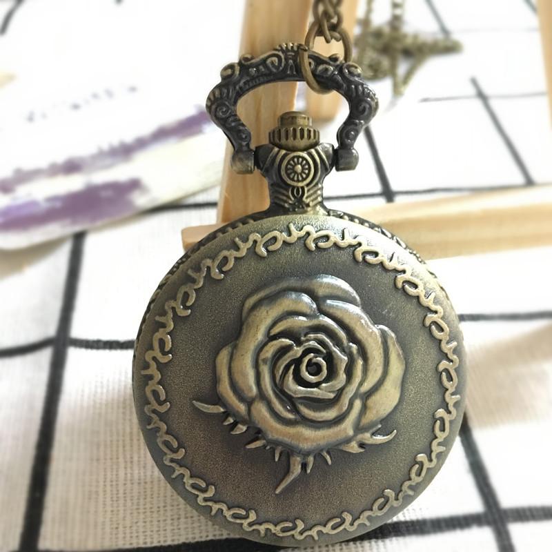Vintage New Fashion Relief Rose Pocket Watch Bronze Color Quartz Watch On Chain Watch Necklace Woman Birthday Gifts