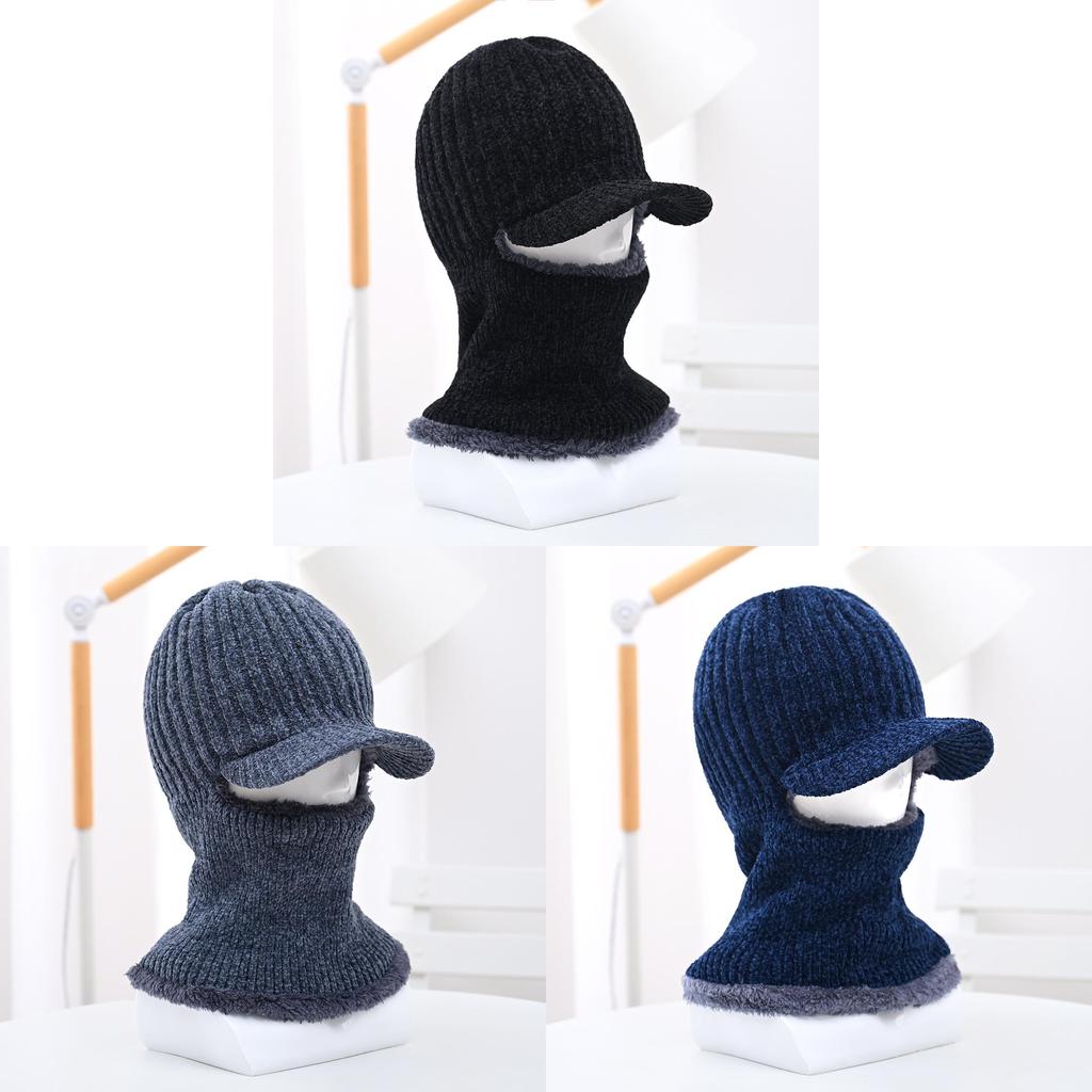 Plush Black Chenille Knit Hat For Men With Integrated Neck Warmer And Ear Flaps