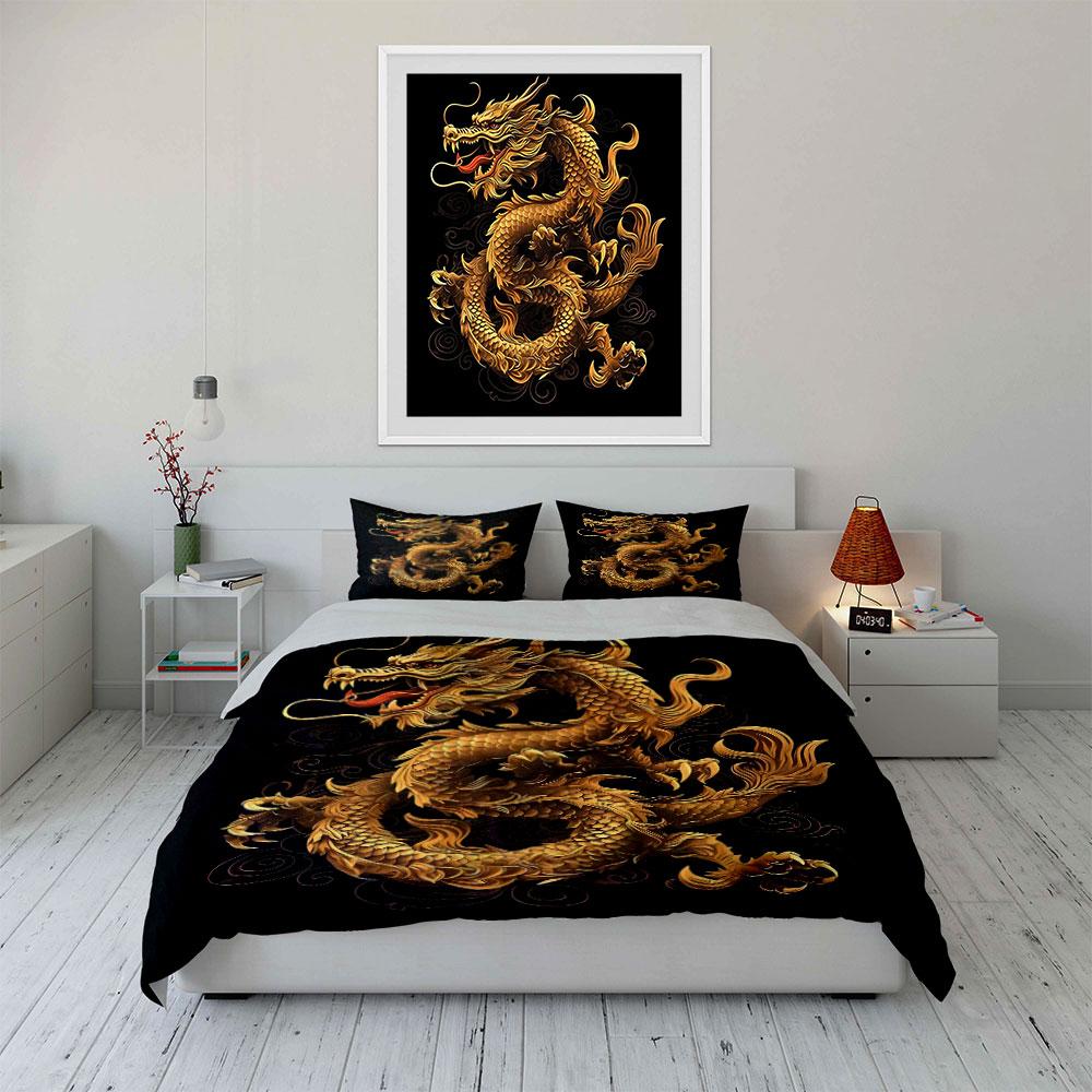 Golden Dragon Decor Set– Decorative Art Soft Comfortable Duvet Cover Bedding Set Included 1*Duvet Cover & 2*Pillowcases,Gift