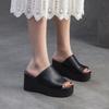 Fashion 8.5cm Ethnic Cow Genuine Leather Peep Toe Women Flats Leisure Slip on Platform Wedge Flats Slippers Summer Comfy Shoes