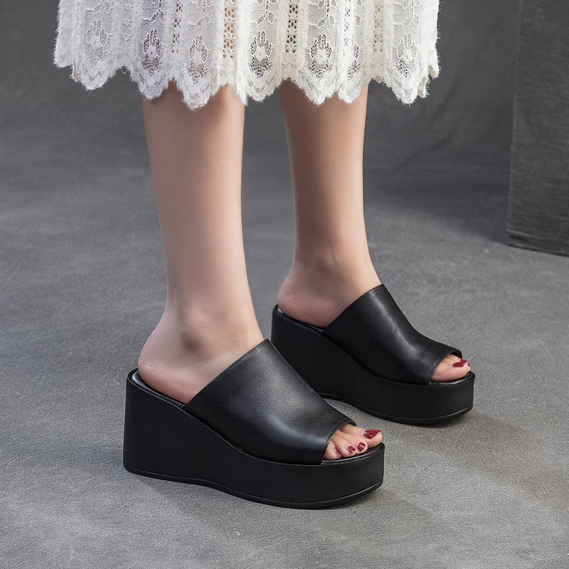 Fashion 8.5cm Ethnic Cow Genuine Leather Peep Toe Women Flats Leisure Slip on Platform Wedge Flats Slippers Summer Comfy Shoes