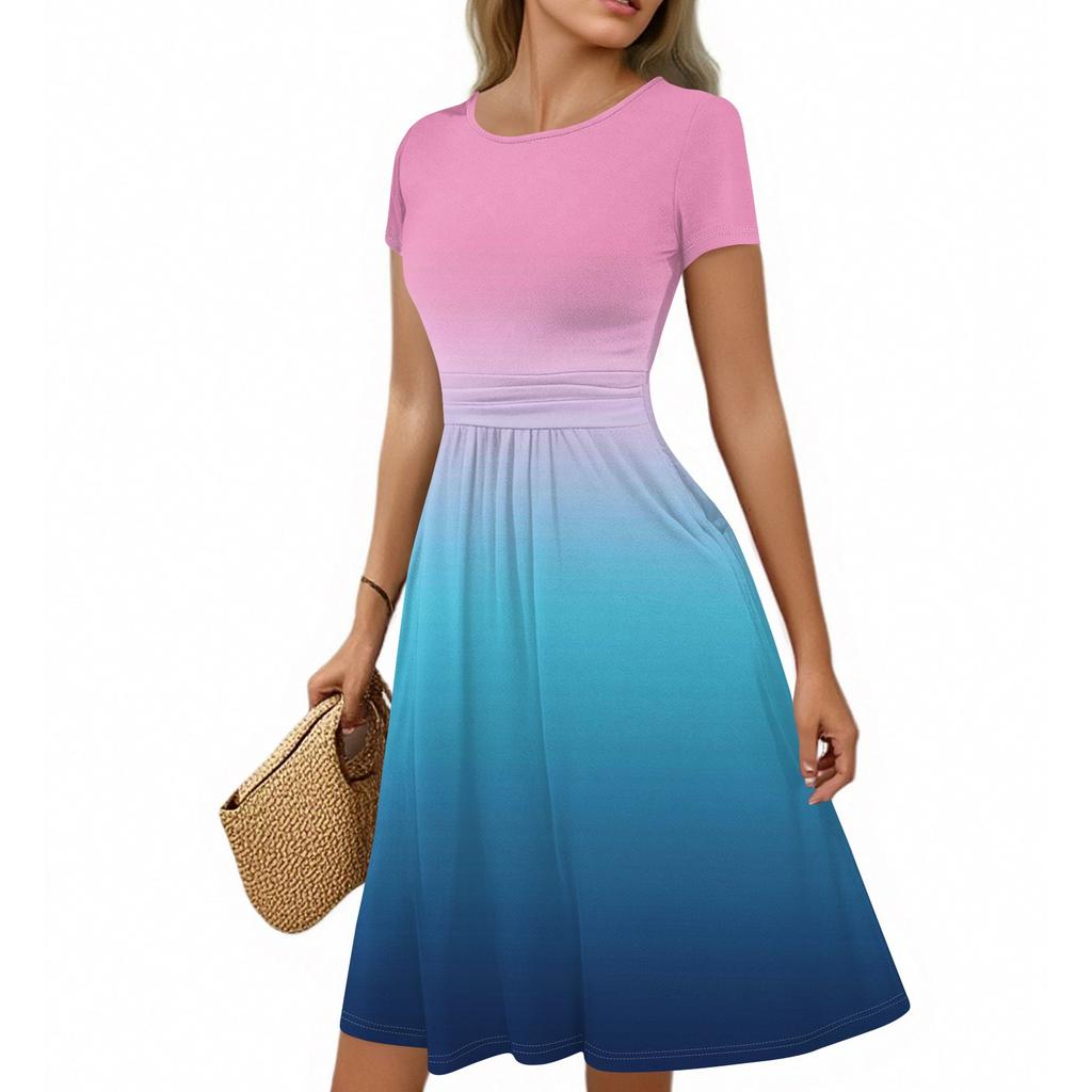 Damska codzienna moda okrągły dekolt plisowany krótki rękaw gradientowa spódnica A-line sukienka midi