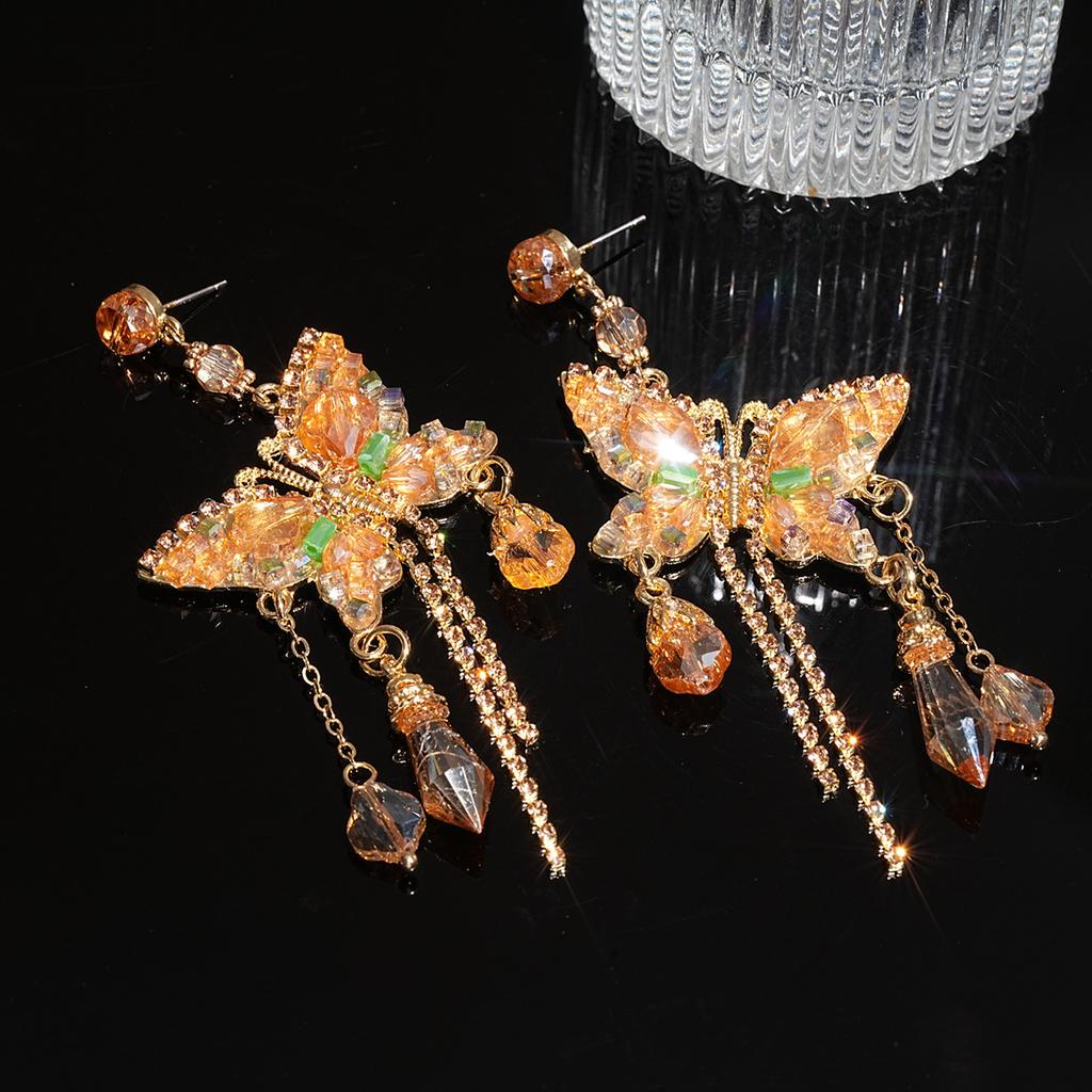 Silver Needle European and American Exaggerated Diamond-encrusted Butterfly Tassel Earrings Light Luxury Premium Earrings Holiday Temperament Earrings