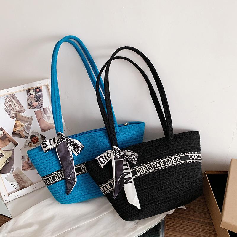 Large Capacity Crossbody Portable Shoulder Bag Silk Scarf Design Vegetable Basket Woven Tote Women's Bag