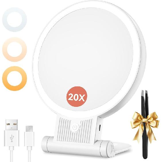 Auxmir 1X/30X Magnifying Mirror with Light, Double Sided Makeup Mirror with Adjustable 3 Color Light, 2000mAh Rechargeable Lighted Magnifying Mirrors 1x/20x