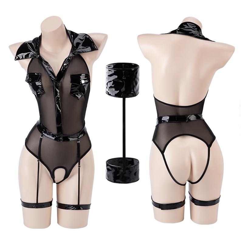 Black Policewoman Cosplay Costumes Sexy Leather Bodysuit Police Uniform Women Officer Roleplay Jumpsuit Lingerie